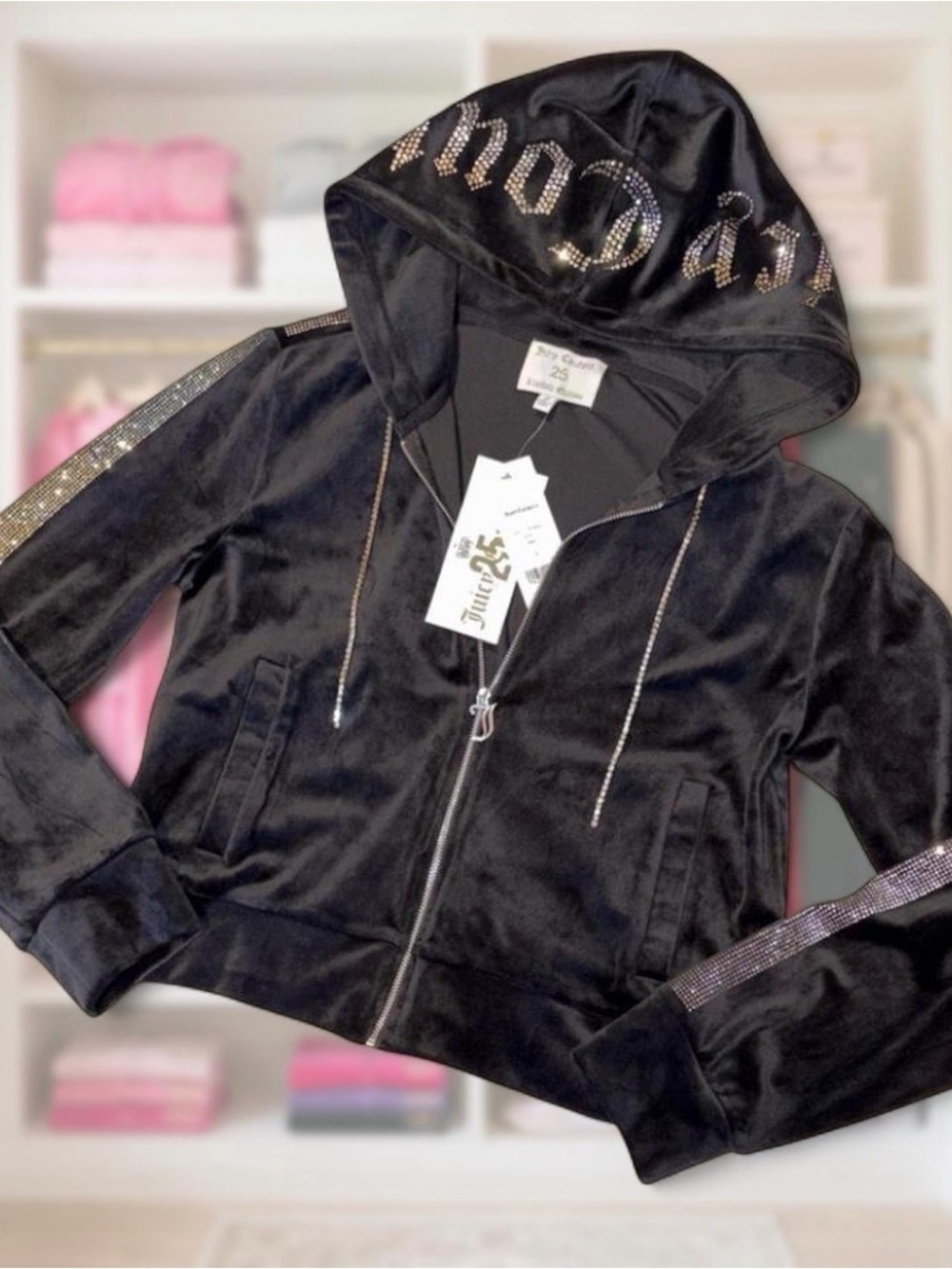 Juicy Couture LIMITED EDITION Black Velour Rhinestone-Trim Hoodie NWT